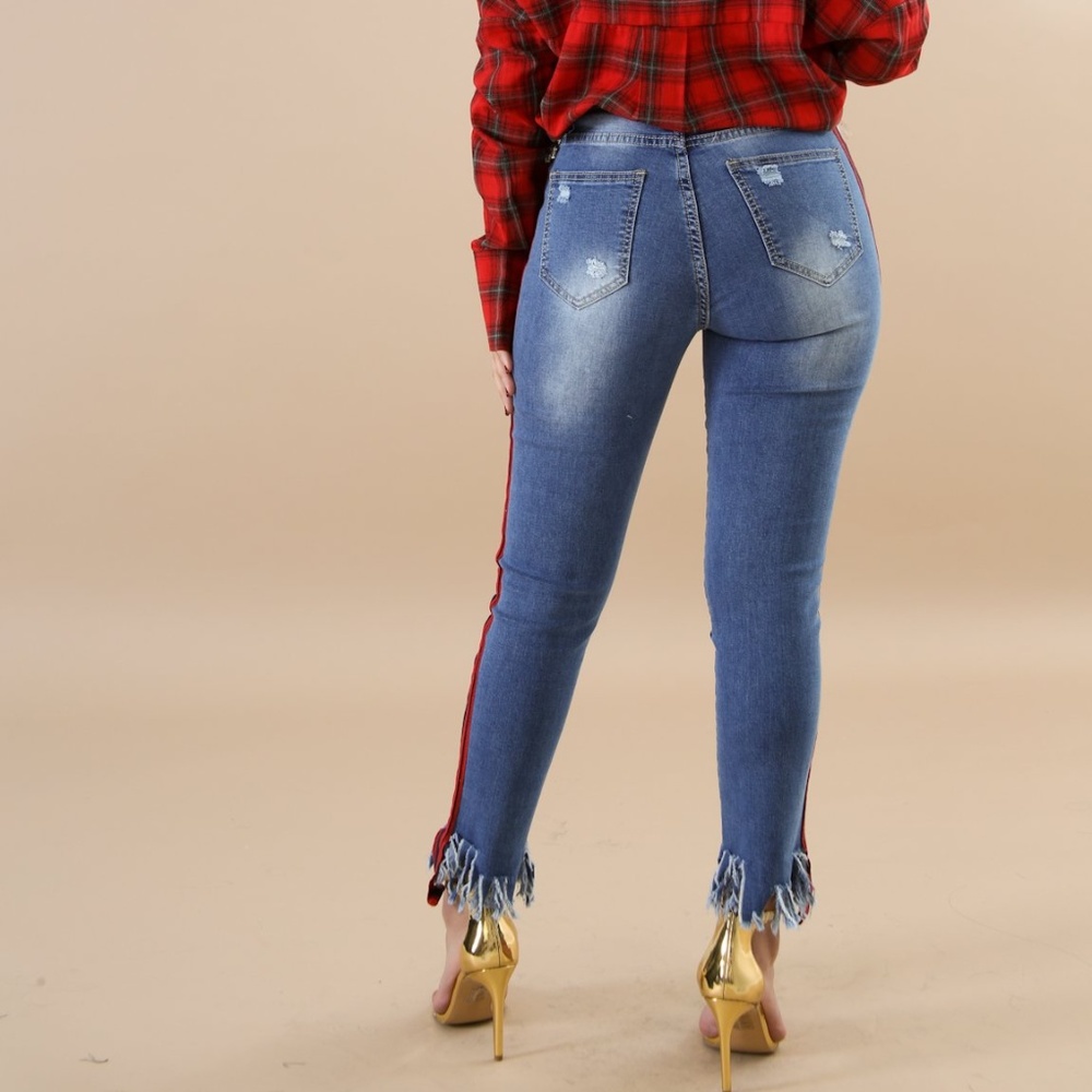 Red Stripe Distressed Fringed Jeans Juniors - Picture 5 of 5